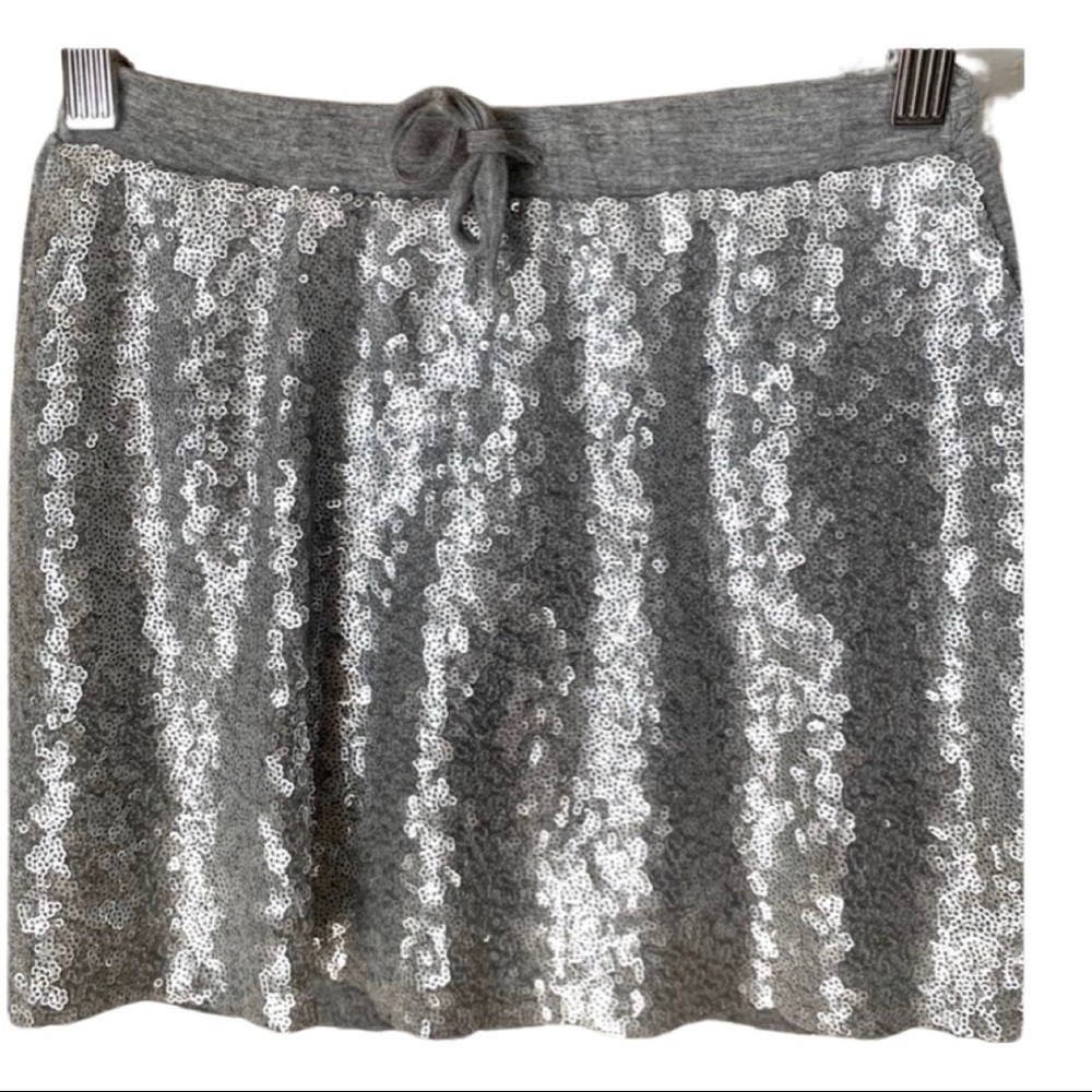 PEEK Silver Sequin Knit Skirt Elastic Drawstring Waist Grey Sparkle Shimmer 8/L - Picture 1 of 8